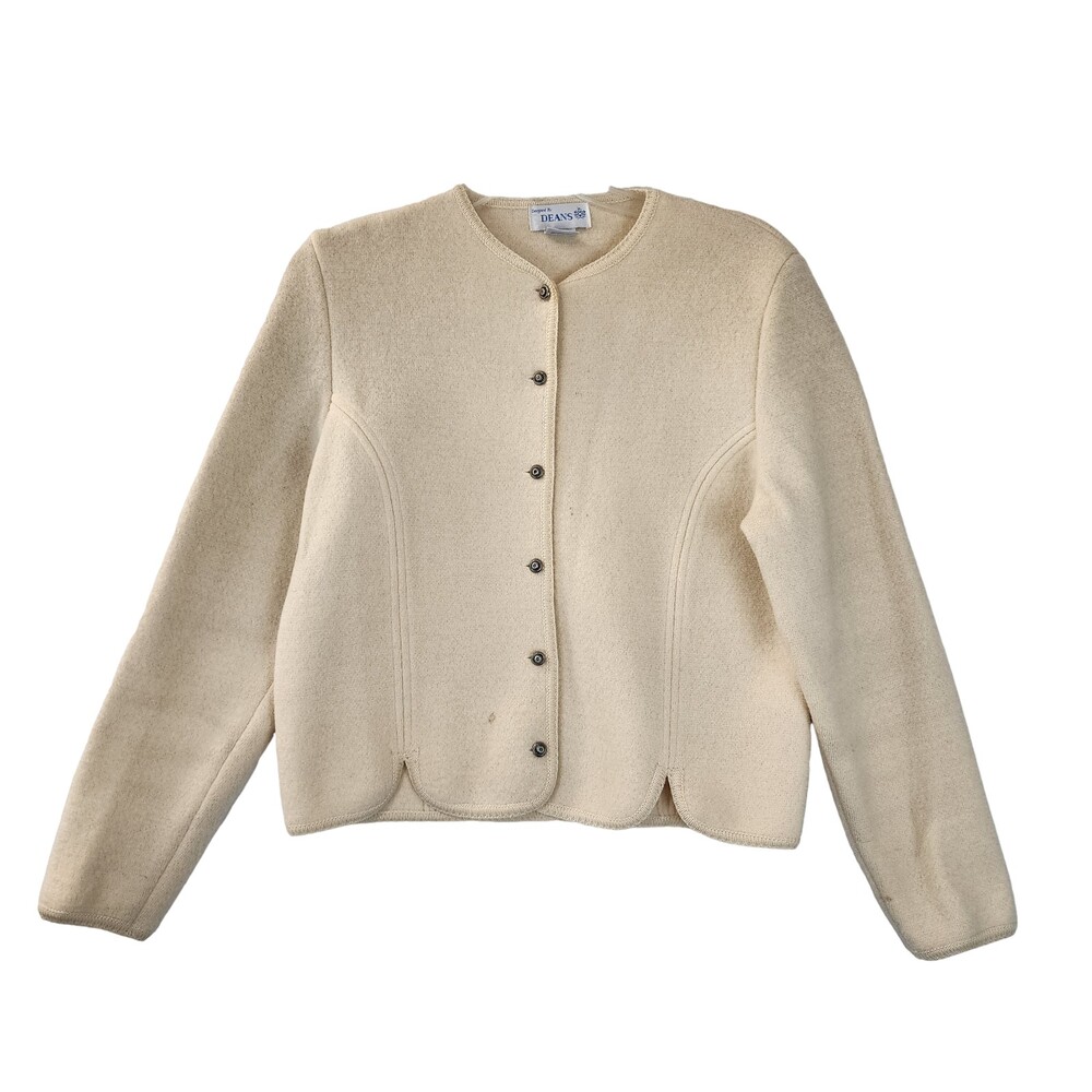 Vntg Dean Cardigan Sweater Size L Ivory Wool Classic Scalloped Hem *FLAWS